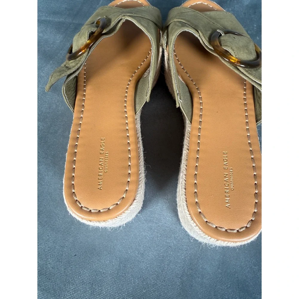 American Eagle Olive Sz 10 Espadrille Platform Sandals Tortoise Buckle‎ New